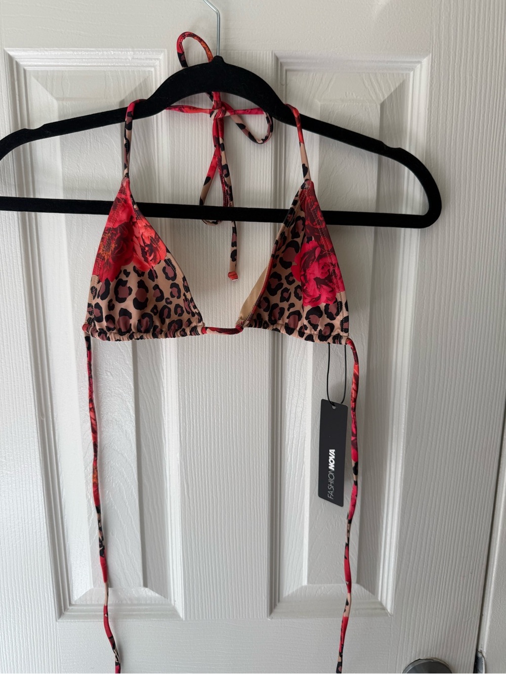 Fashion Nova Red Floral & Leopard Triangle Bikini Top